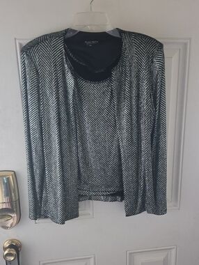 Xscape Black, Light Green  and Silver Metallic Herringbone Cardigan Set